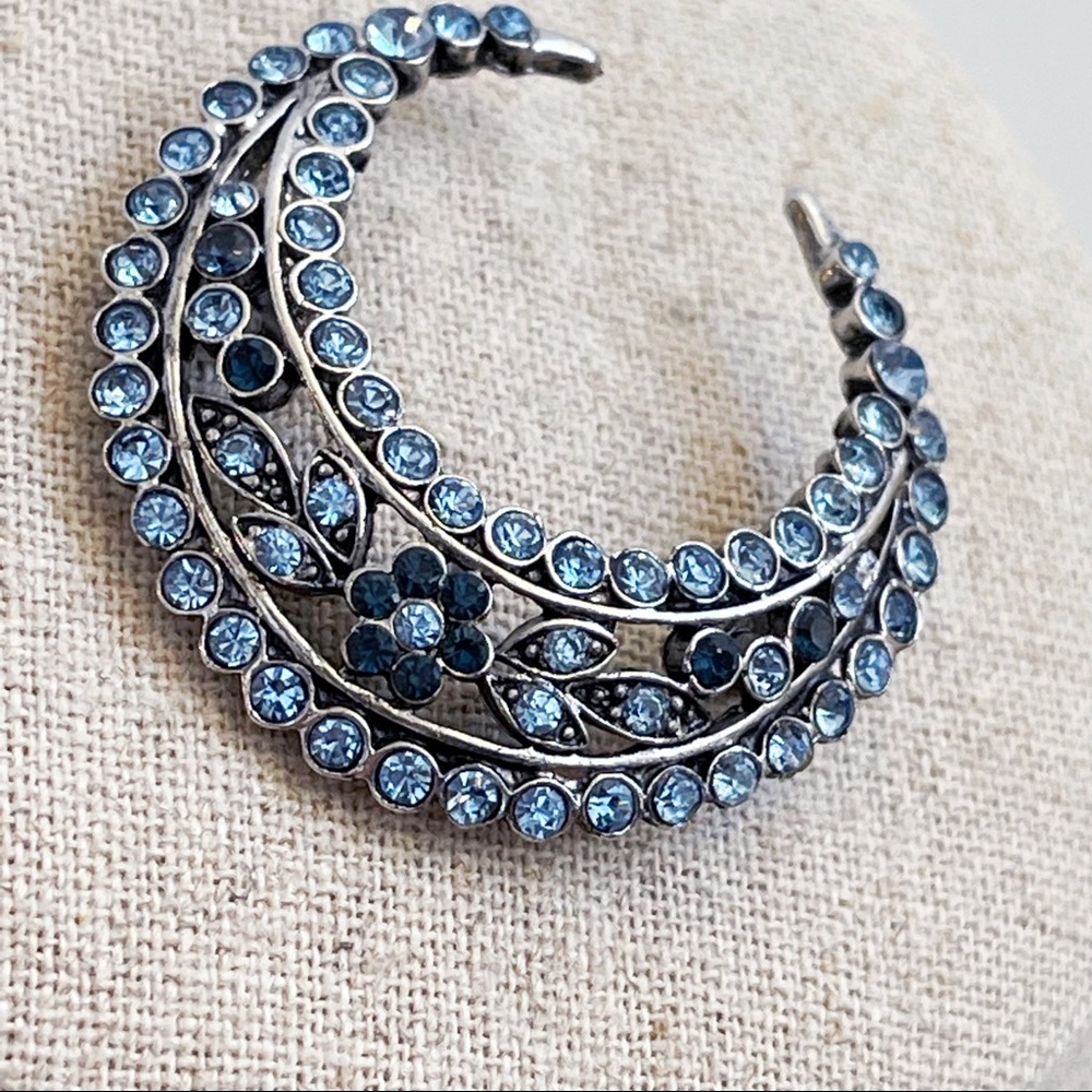 Silver Tone Blue Crystal Floral Design Moon Statement Brooch 1 5/8”